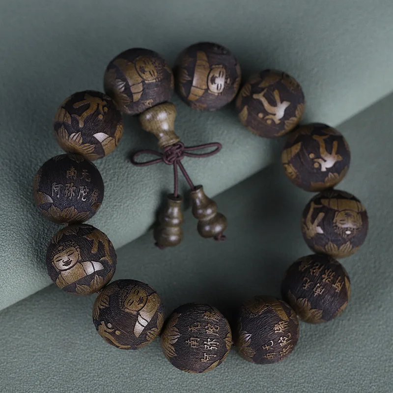 UMQ Rosewood Carving Eight Patron Saints Gloomy Wood Bracelet S. Lee Wooden Bracelet 20 Ebony Lettering Prayer Beads Jewelry