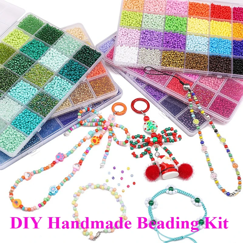 Caja de 24 rejillas de cuentas de mijo coloridas, Kit de fabricación de joyas, collares y pulseras hechas a mano, accesorios de cuentas artesanales educativas