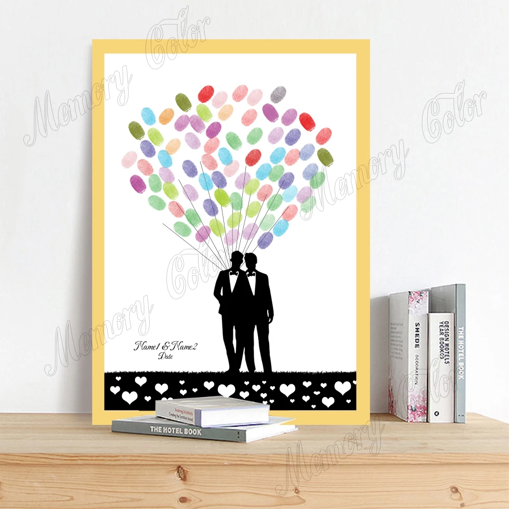 Personalized Name Date Canvas Fingerprint DIY Signature Painting For Gays Wedding Party Decoration (No Frame,Ink Pad Included)