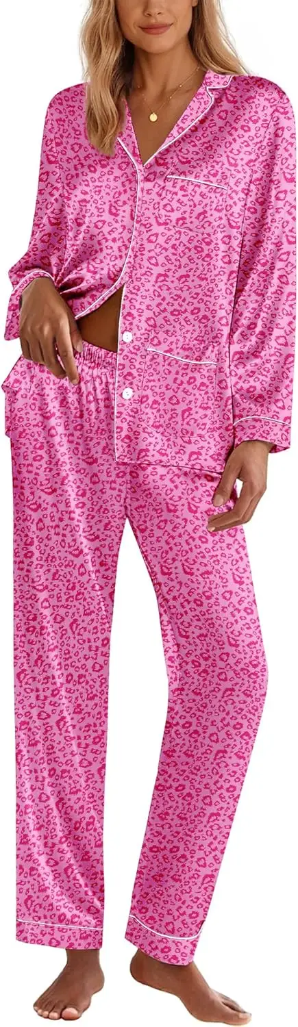 

Ekouaer Silk Pajamas for Women Classic Button Down Satin Pajama Sets Long Sleeve Lounge Set