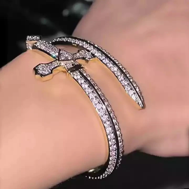 2026 New Iced Out Bling CZ Justice Sword Bangle Gold Silver Color Cubic Zircon Cross Bracelet Ring For Women Men Hiphop Jewelry