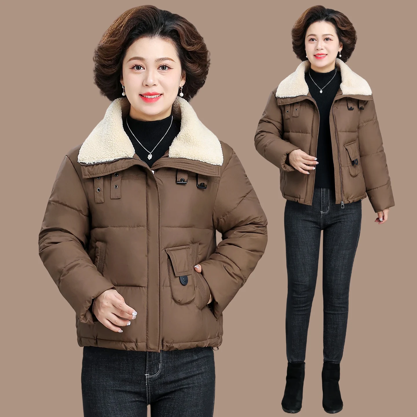 

ort down Cotton Jaet Women's Sle Autumn Winter Coat Fake Lamb Fur Collar Casual Loose Fit Warmth Polyester Fiber