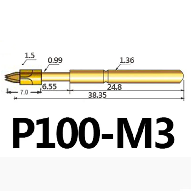 100 PCS/pack P100-M3 Spring Test Pin 1.36mm Outer Diameter 38.35mm Total Length Three-point Test Thimble For PCB Test
