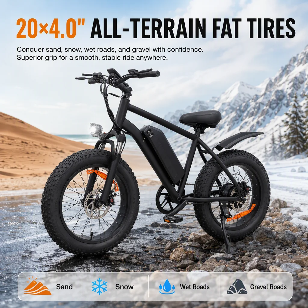 1000W Peak Electric Bike for Adults 48V 15Ah Removable Battery 40‑60 Miles Long Range 20"×4.0 Fat Tire Dual Suspension All‑Terrain E‑Bike