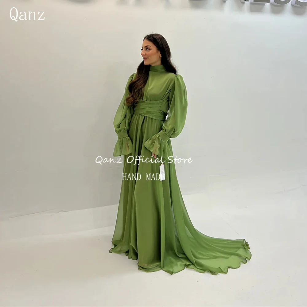 

Qanz Elegant Green Prom Dresses Dubai Women Chiffon Long A Line Puff Sleeves Formal Occasion Dresses Robes De Soirée Customized