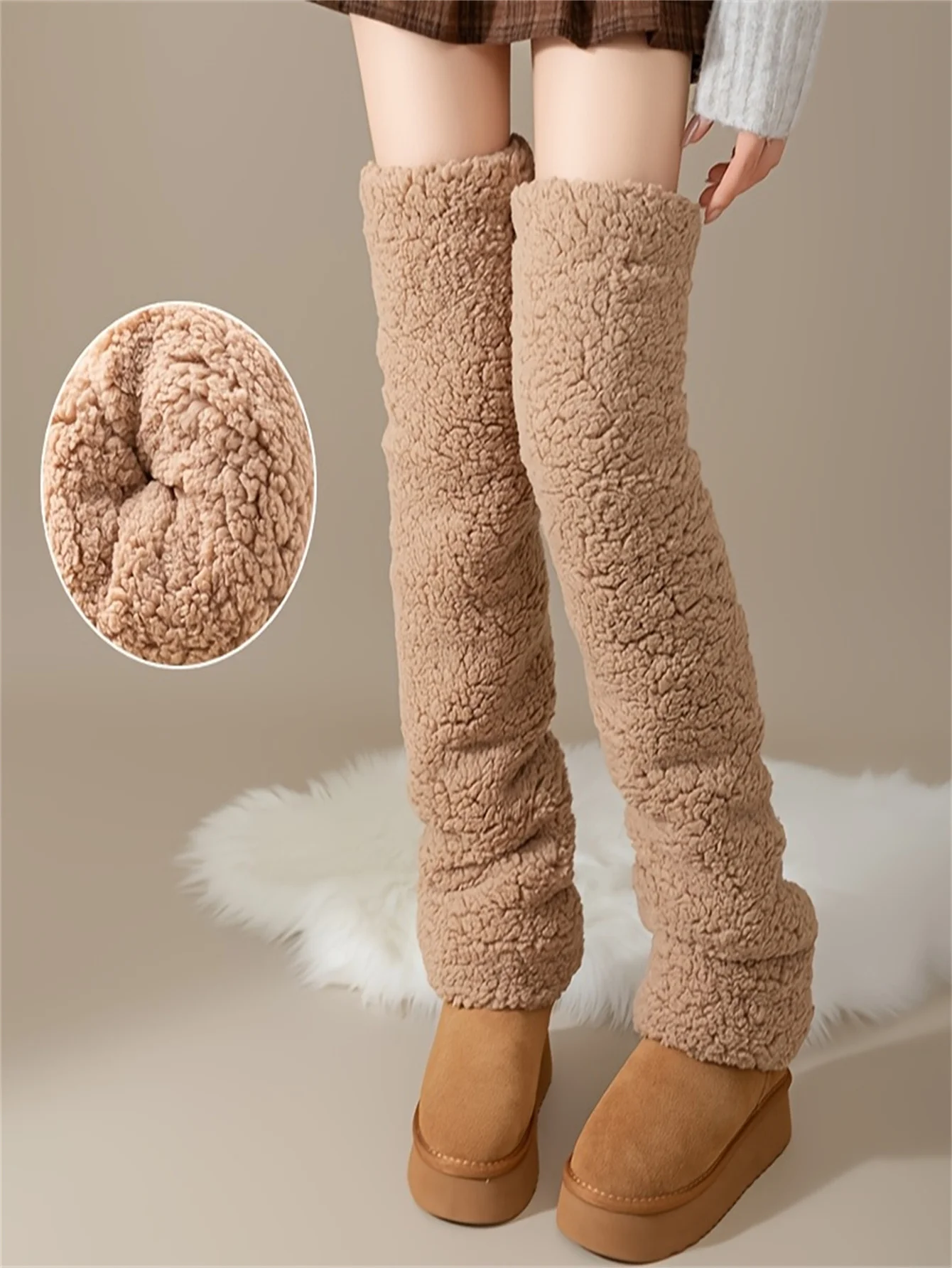 

1pairs Dankuwel Women's Plush Fleece-Lined High-Waisted Knee-High Socks - 1 Pair, Warm Brown, Thick & Soft, Raw Hem Detail, Perf