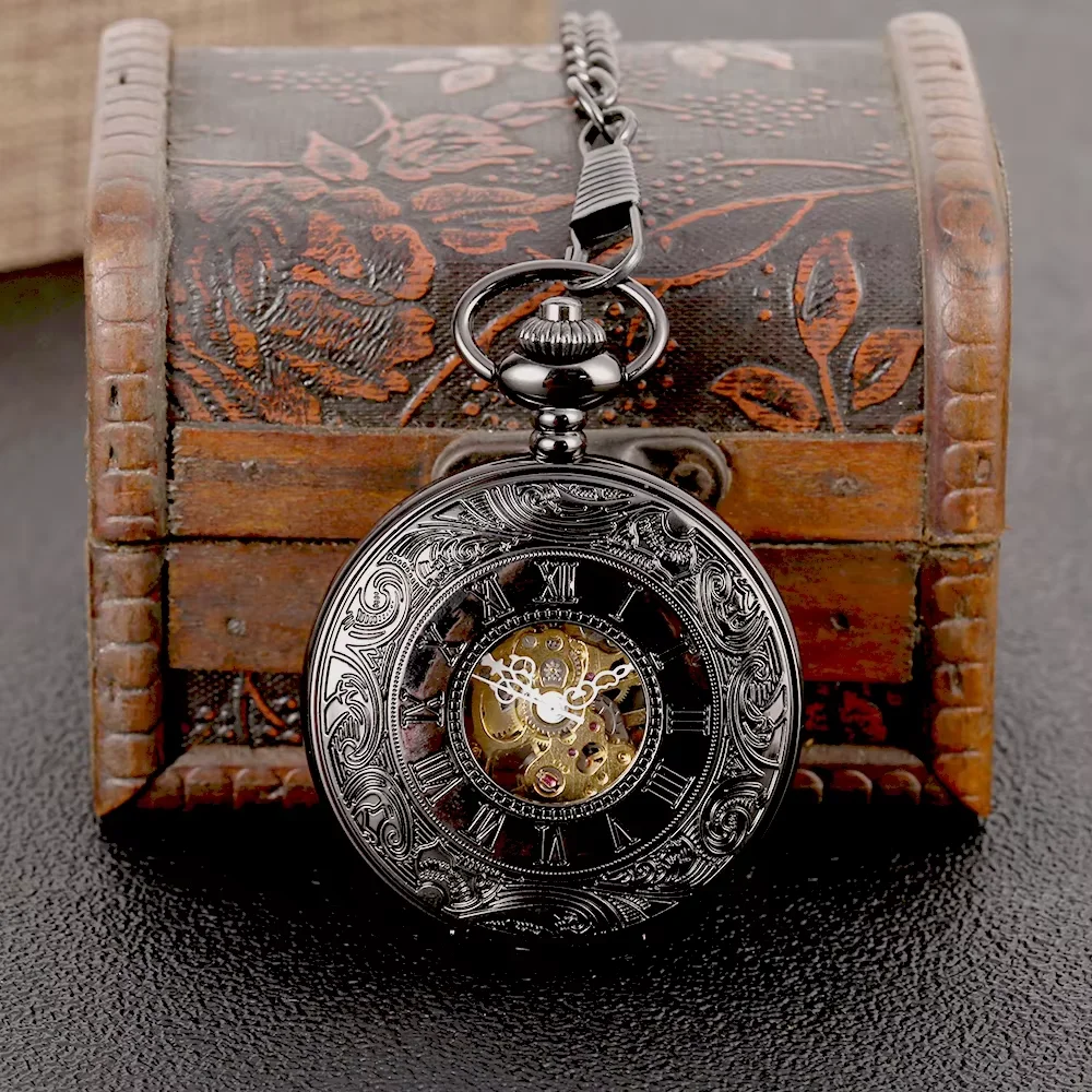 8947彫刻された黒の機械式絶妙なファッション中空ローマスケール懐中時計