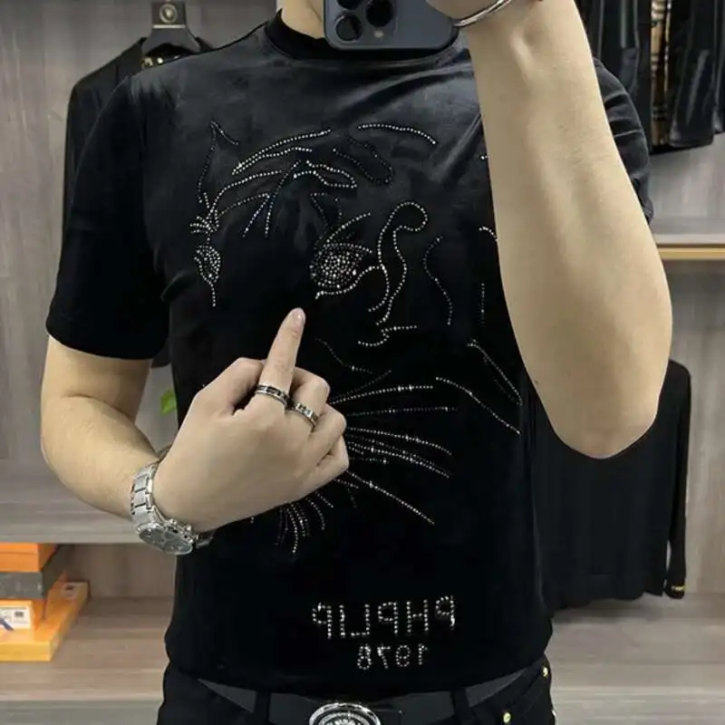 2023 Summer Hot Drill  Short Sleeve T-shirt Men Tide Brand Leisure Top Tshirt For Men Social Club Outfits Tee Shirt Homme Black