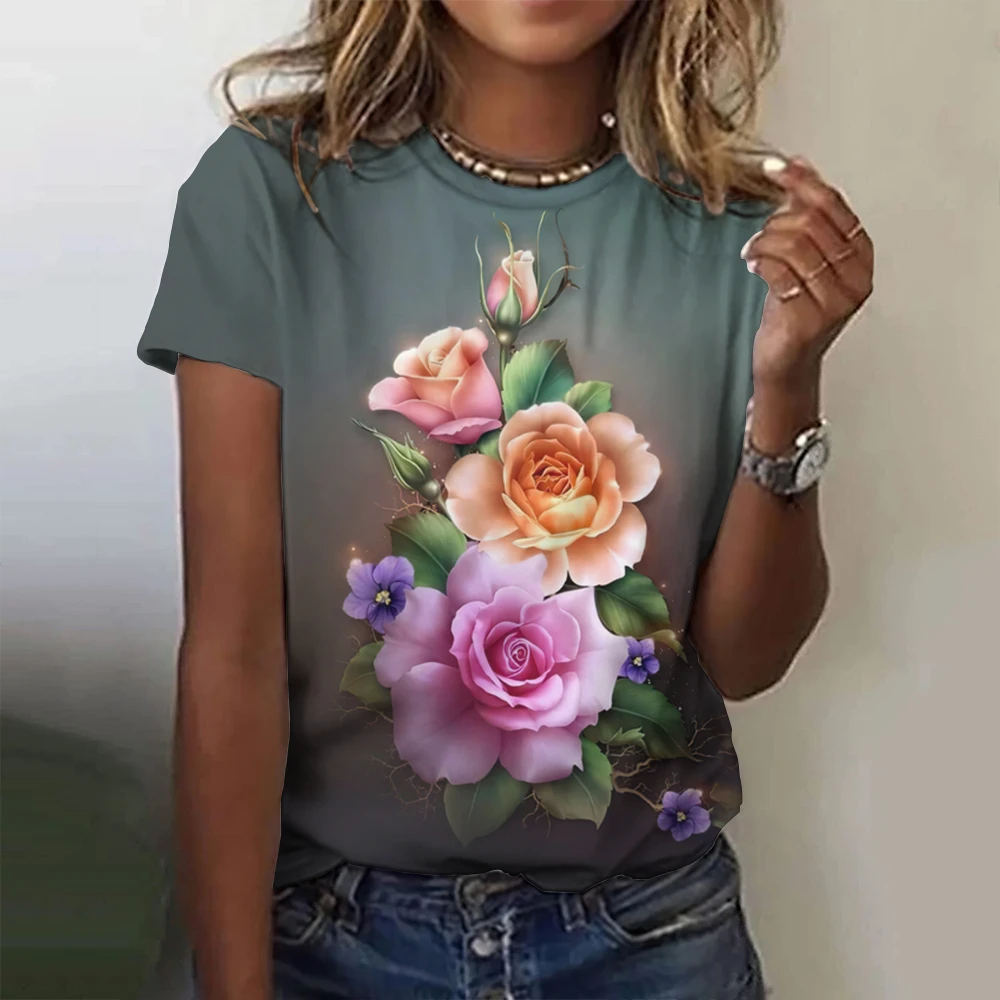 

Summer Round Neck Women's T-shirt Fashion 3D Printed Flower Pattern Top Comfortable Loose Short Sleeve Oversized Y2K Streetwear