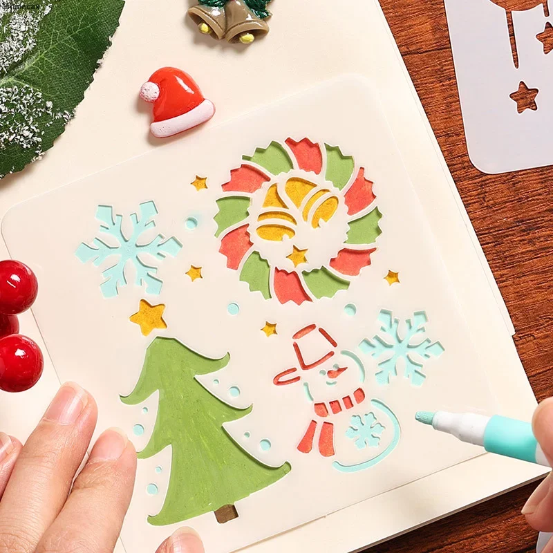 6Pcs Christmas Decorative Pattern Hollow Spray/hand Painting DIY Scratch Painting Template Journal Painting Drawing Tool