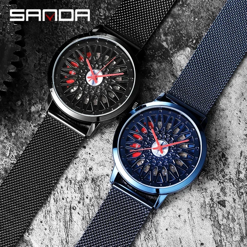 

Sanda 1060 Car Wheel Hollow Out Design Carved Dial Waterproof Strap Optional Quartz Movement Fashion Men leisure sports Watch