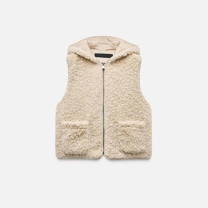 Elegant Soft Hooded Sleeveless Fleece Vest New Autumn Winter Women's Fashion Casual Versatile Zipper Closure Regular Length