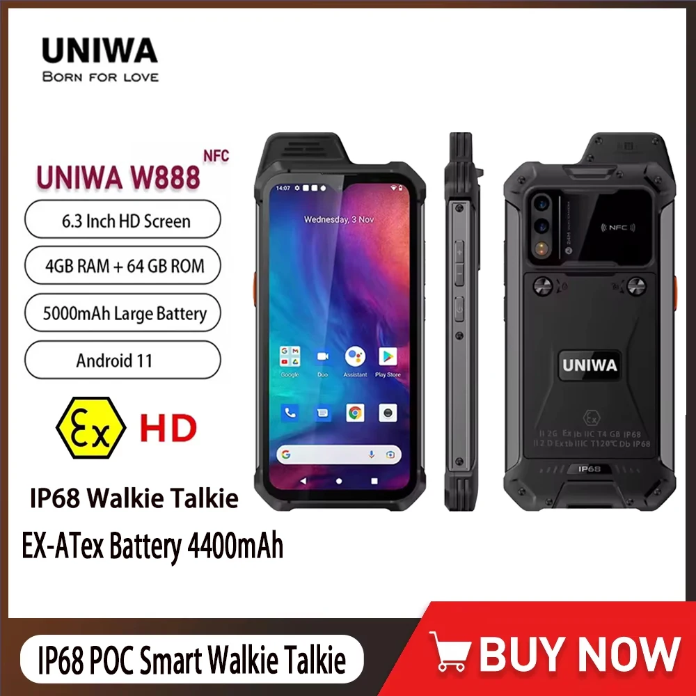 UNIWA W888 Smartphone ATEX Explosion Indestructible Water Proof IP68 Andriod11 4GB+64GB 6.3“ HD Screen  4400mAh NFC Mobile Phone