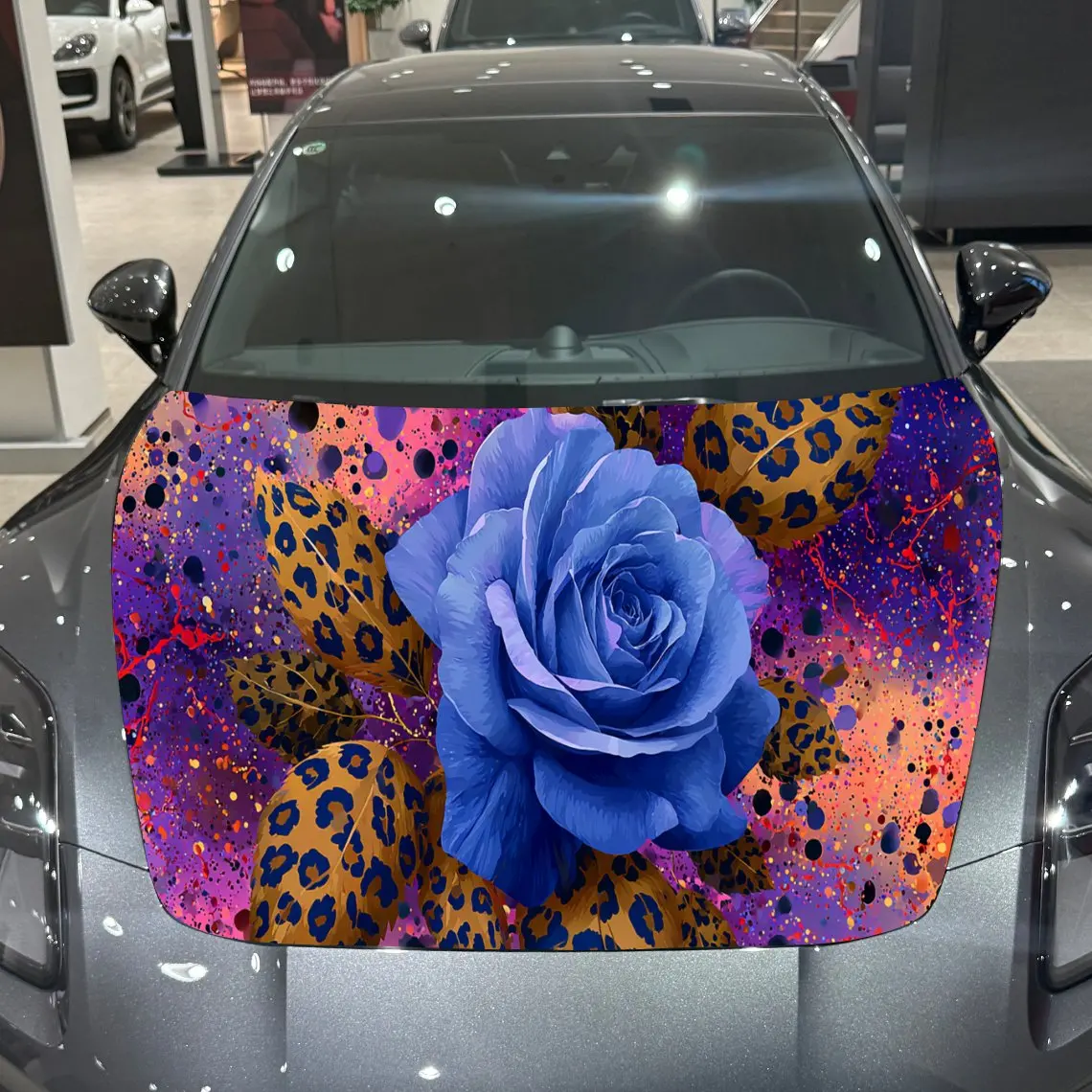 

Художественная наклейка с леопардовым принтом синей розы, водонепроницаемая и самоклеящаяся наклейка на капот автомобиля, тематическая виниловая наклейка с леопардовым принтом