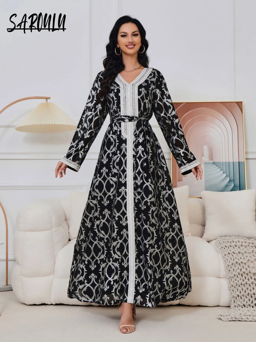 

Arab Black Elegant Women Crystals Evening Dress Big Swing V Neck Luxury Party Wear Fashion Kaftan Customized In Stock Prom Gown