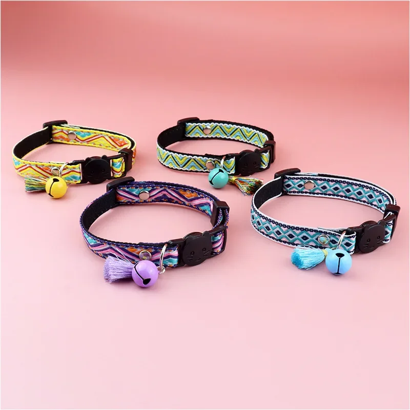 Adjustable Cat Collar with Tassels and Bells Embellished Pet Collar Colorful Plaid Jacquard Pattern Collars for Cat Dog Supplies