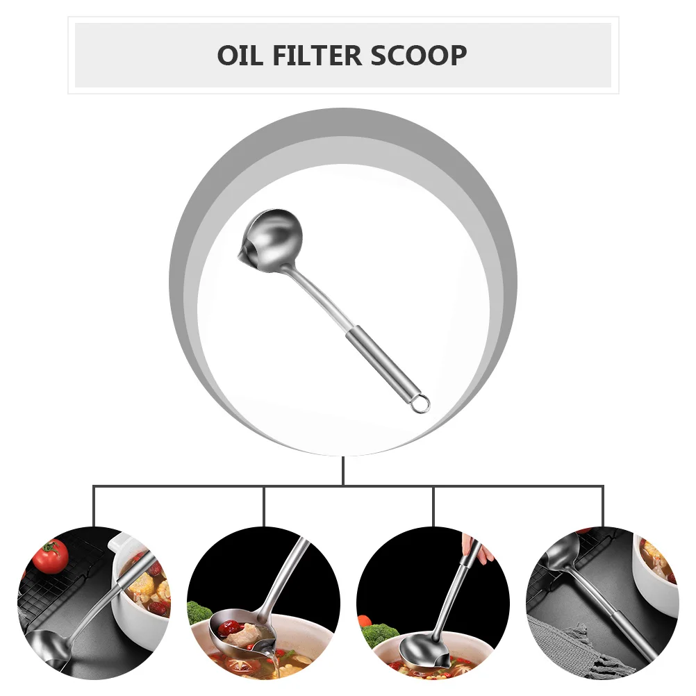 

Stainless Steel Grease Spoon 304 Material Soup Separator Oil Filter Scoop Kitchen Cookware Practical Silver Color