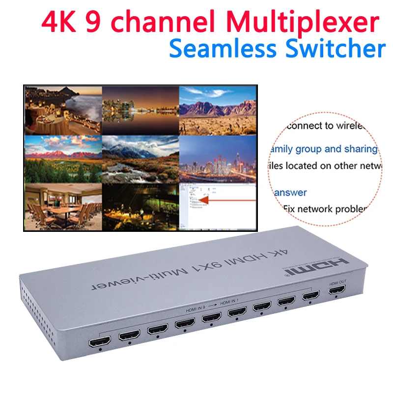 Hdmi 9x1 multi visor 4k 9 em 1 para fora 9 quad canal vídeo multiviewer sem emenda switching splitter rs232 com controle remoto ir