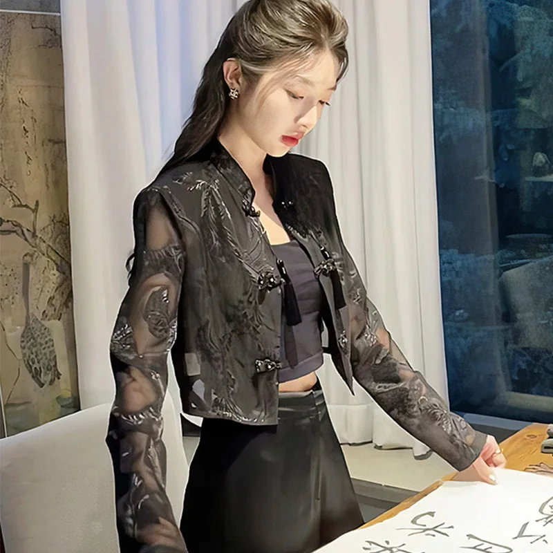 

Лето 202, новая солнцезащитная рубашка, женская черная укороченная куртка, элегантное кружевное пальто с вышивкой, повседневный топ с длинными рукавами, женская одежда