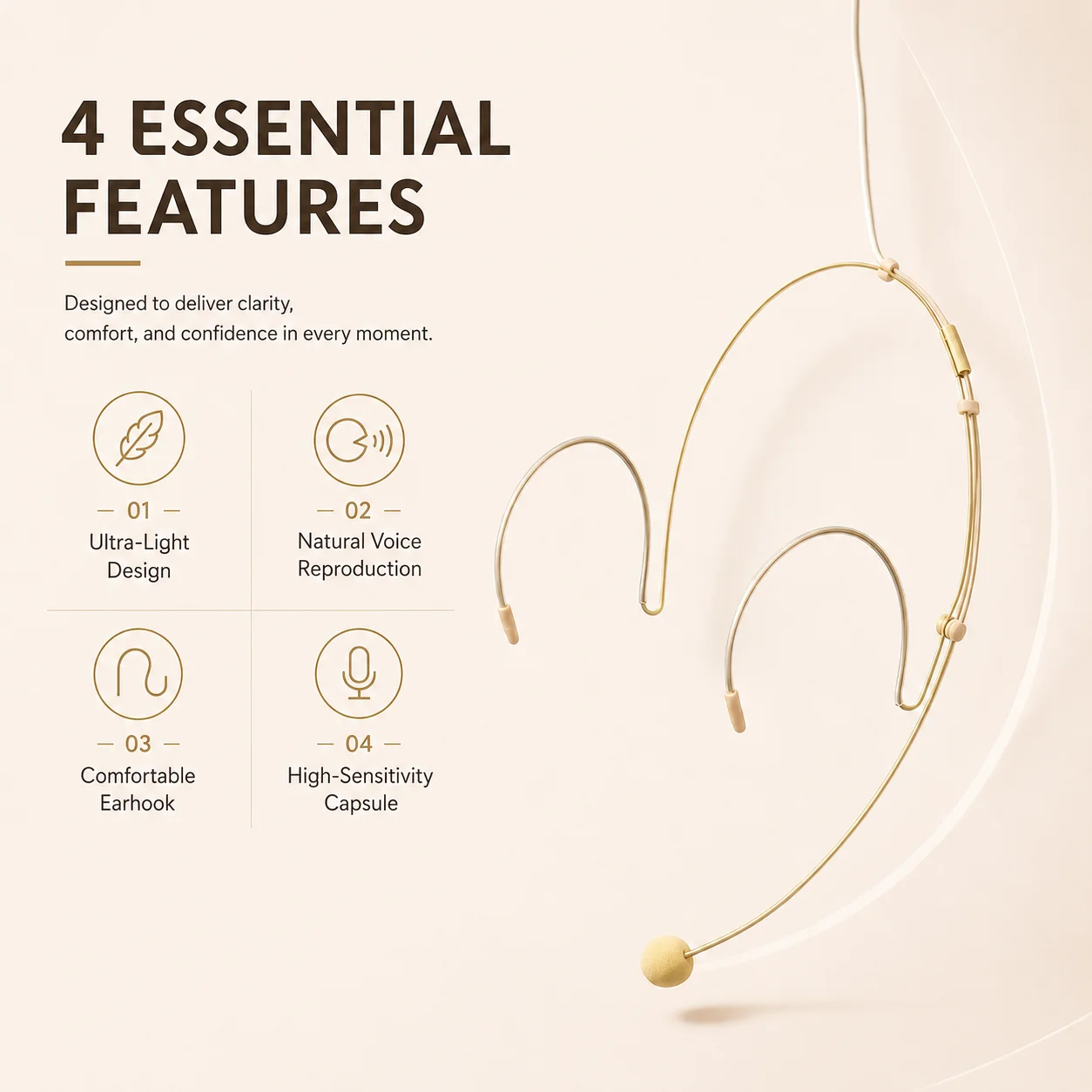 Headset Microphone For Teaching Speaking, Beige Dual Earhook Mini Condenser Mic For Live Presentation Stage Fitness, Trainer Use