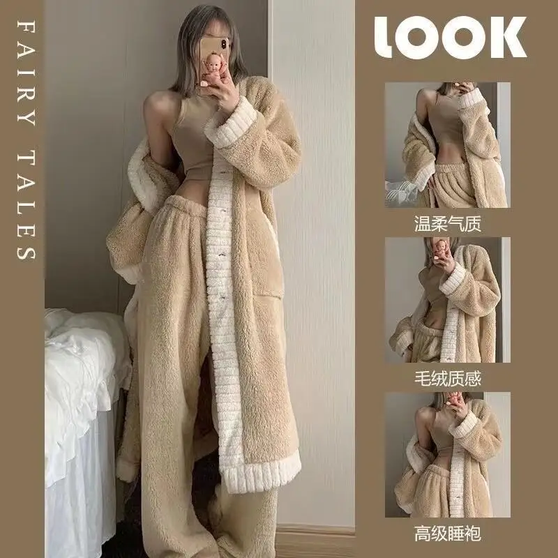 

coral fleece Women's pajamas autumn winter thicken Comfortable Sleepwear fleece-lined Sleepwear flannel robe homewear suit
