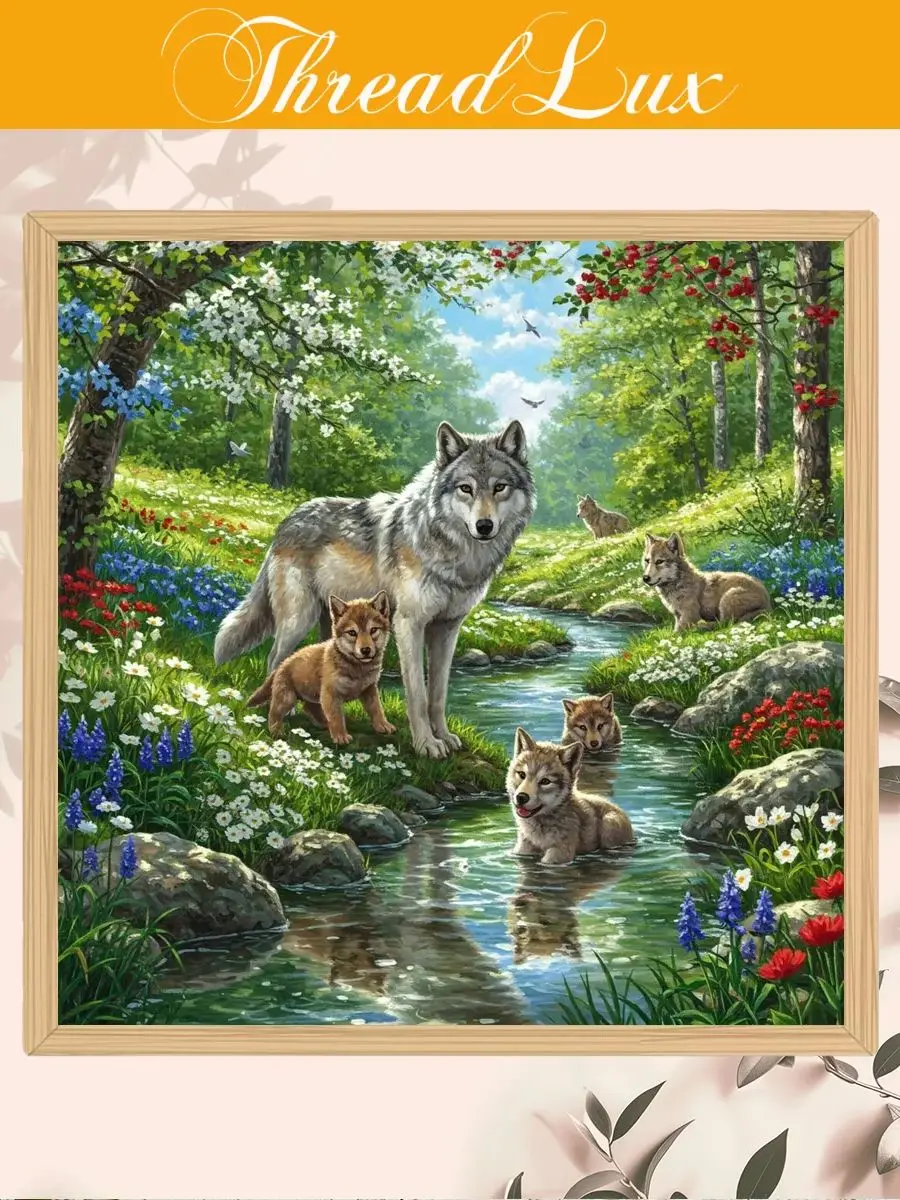 1 Stück 50x50cm/ 19,7x19,7-Zoll DIY Kreuzstich-Werkzeugset, Rahmenlos, Wolf im Wald, Bedrucktes Kreuzstich-Set – Detail 1
