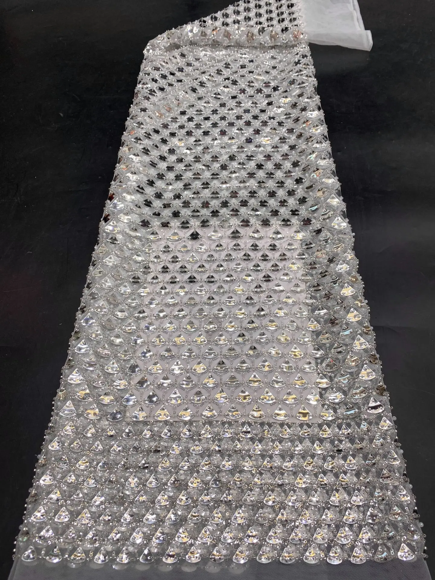 New triangular chip bead tube laser lace mesh fabric, for luxury women's dresses, evening gowns, fashion fabrics