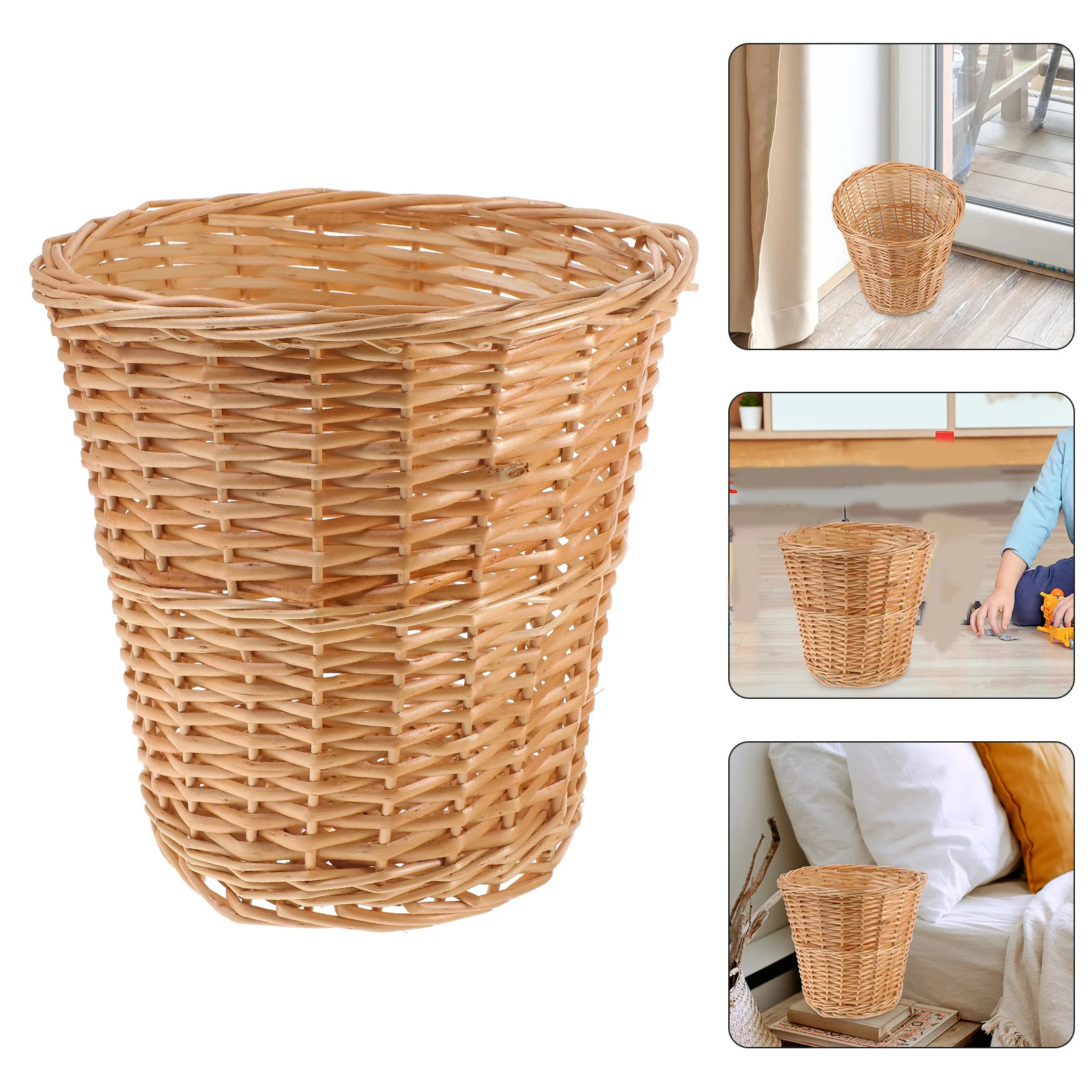 

Woven Trash Basket Pastoral Style Household Garbage Bin for Kitchen Bedroom Bathroom Office Indoor Storage Decorative Waste