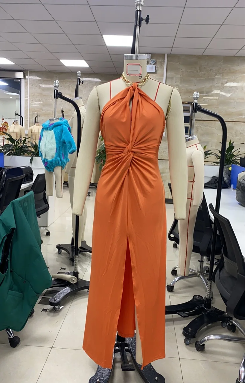 Women Summer Sleeveless Dress Casual Backless Chain Halter Neck Split Party Dress for Beach Club Streetwear