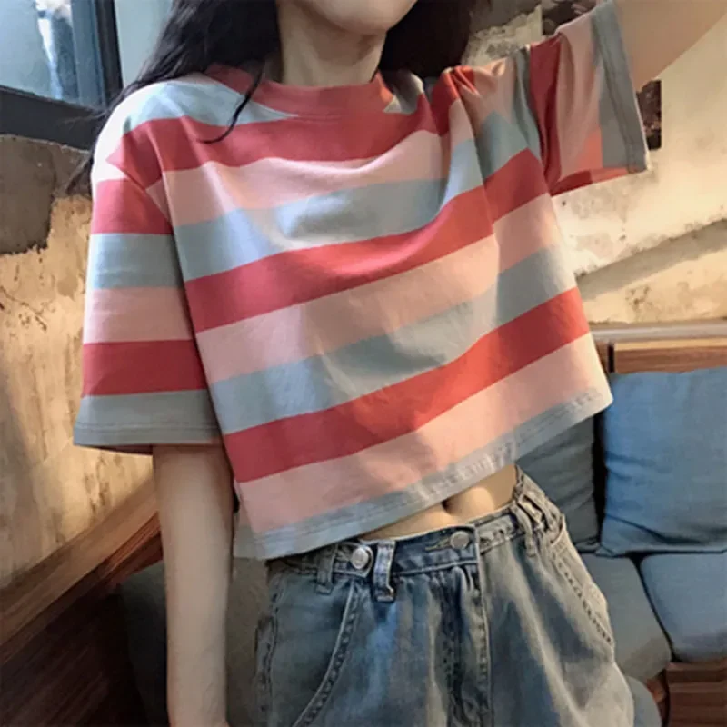 2024 New Woman's Tshirts Superior Quality Spring/summer Casual O Neck Striped Short Sleeve Tall Waist Ladies Tops Dropshipping