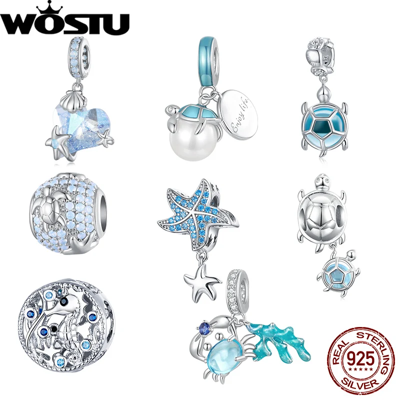 

Wostu 100% real 925 Sterling silver Ocean World turtle starfish seahorse shell charm bead for woman fit original Bracelet gift