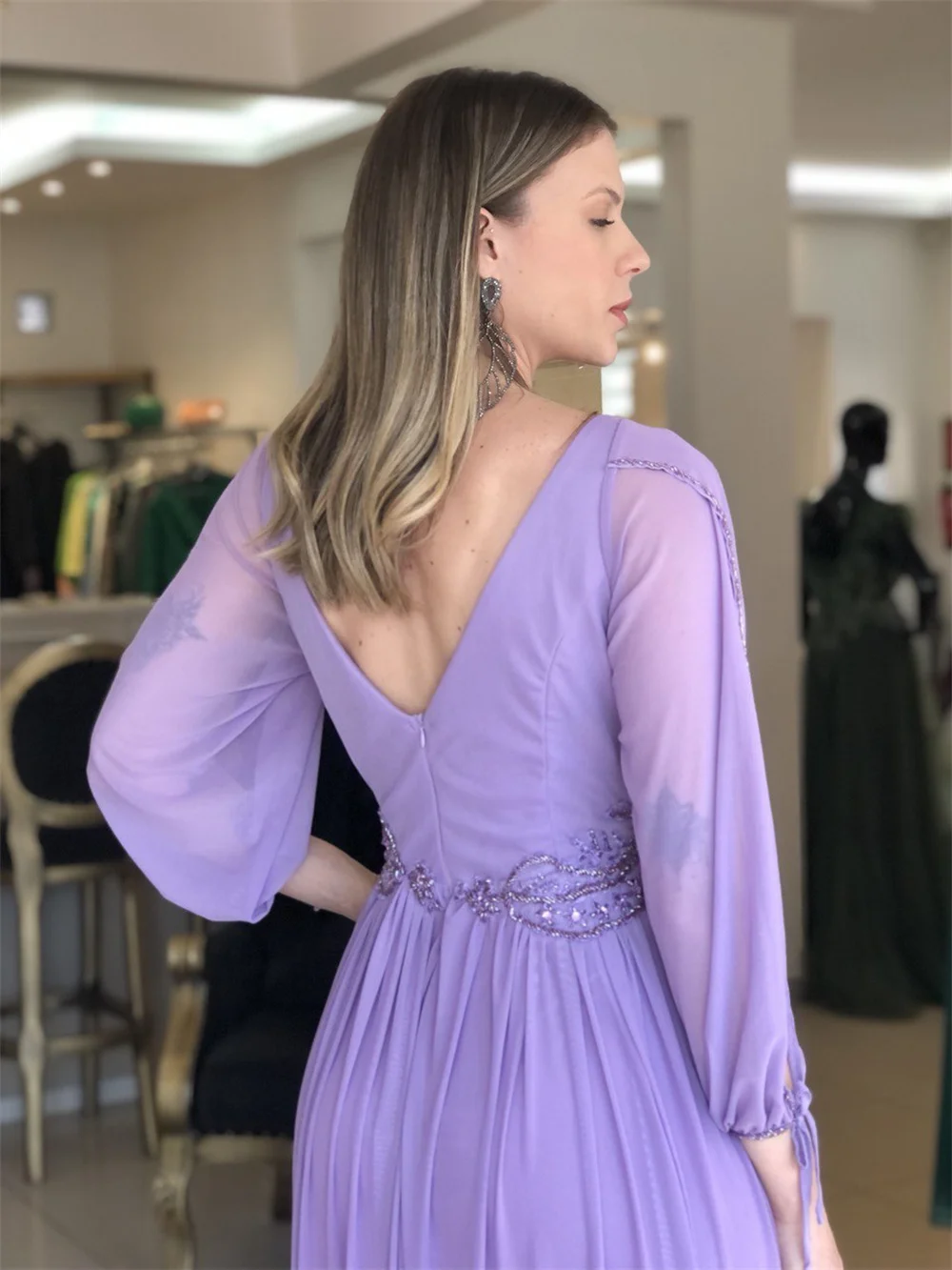 Sansa Lavender Trumpet Sleeve Prom Dress Elegant Chiffon A-line Vestidos De Noche Sequins On Chest فساتين سهره فاخره 2023