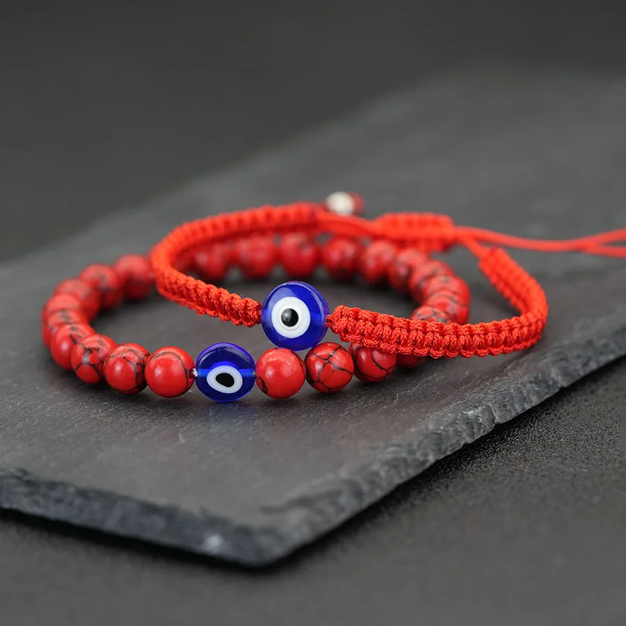 Viking 2Pcs Turkey Terror Eyes Bracelet Men Braided Adjustable Knot 8mm Black Red Stone Beads Wristband Retro Street Homme Joias view 3