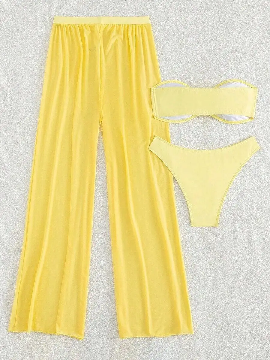 

Yellow 3 Piece Swimsuit Set Bandeau Top Triangle Bottoms Mesh Beach Pants For Women