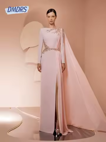 Modern Boat Neck Elegant Evening Dress Chic Straight Mother Of Prom Dress Customized Long Sleeves Beads Sequins Side Slit Wear