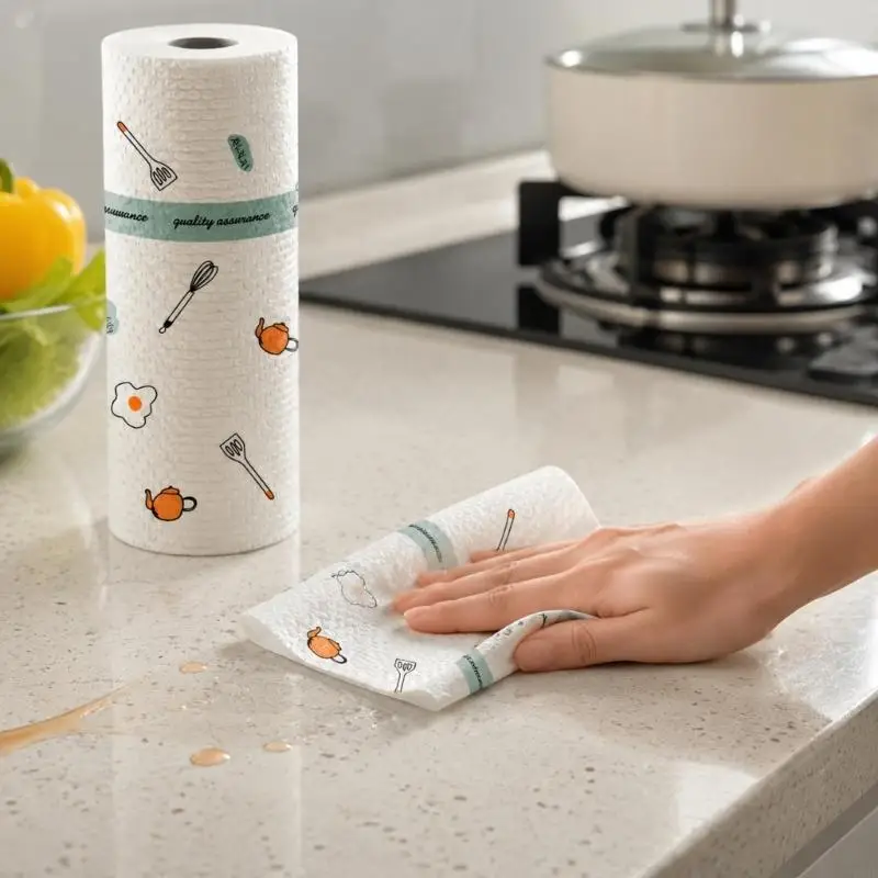 Disposable Kitchen Cleaning Cloth Rolls, Nonwoven 3-Roll Pack for Dry or Damp Wiping on Counters, Tables, and Sinks Y5GB
