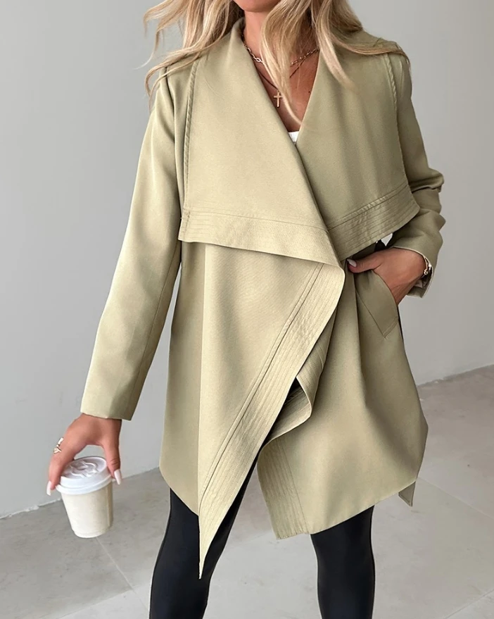 

Women's Coat Elegant Casual Fashion Commuting Solid Color Lapel Neck Long Sleeve Open Front Longline Trench Coat With Belt