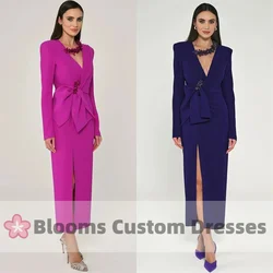 Blooms Long Sleeves Elegant Customized Evening Gown Beaded V-neck Ruched Straight Formal Occasion Dress Side Slit Prom Dress