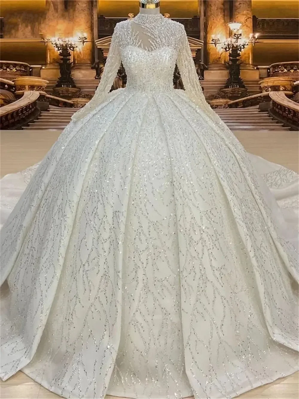 Customized Sparkle Ball Gown Wedding Dress High Neck Beads Sequins Long Sleeve Bride Dresses Arabic Bridal Gown Vestidos De