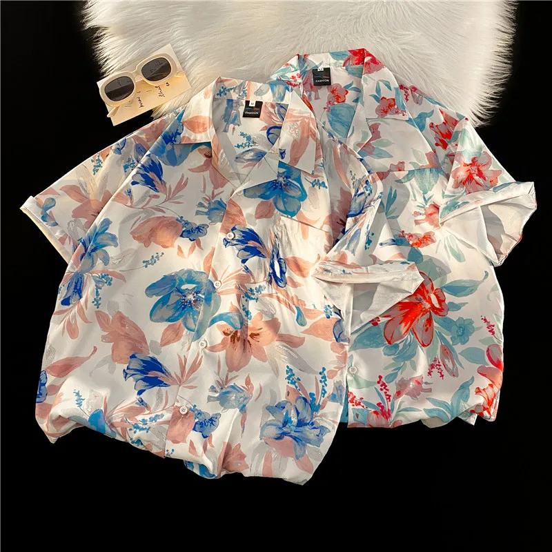 

2024 Classic Plants Pattern Hawaiian Shirts Flower Print Shirt Men Fashion Street Short Sleeved Tops Loose Lapel Blouse B22