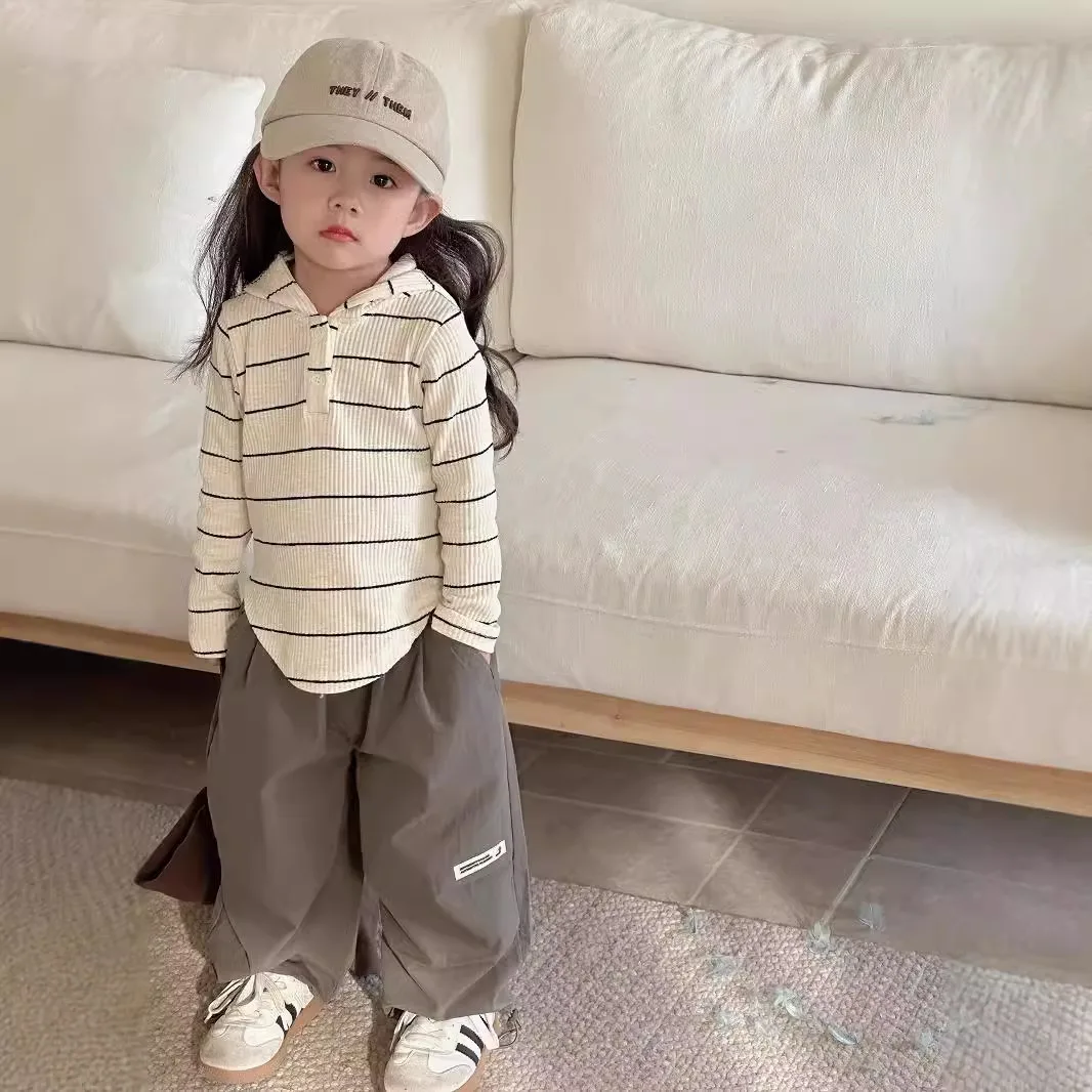 2024 Spring Autumn Kids Girls 2PCS Clothes Set Cotton Stirped Hooded Tops Solid Cargo Pants Suit Toddler Girls Outfits