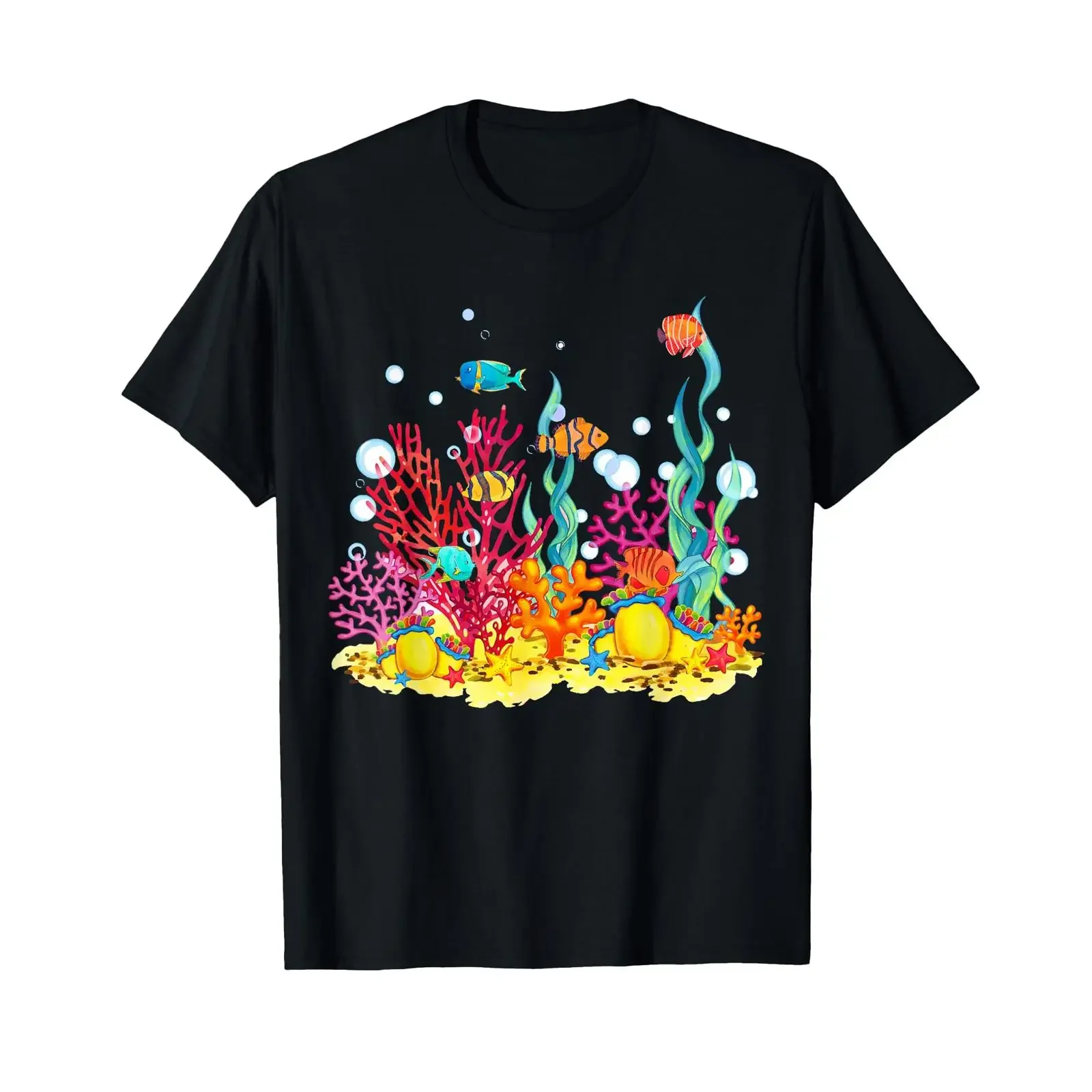 Watercolour Coral Reef with Fish Beautiful Underwater World T Shirt vintage Washed Stretched homme Breathable fashion Stylish
