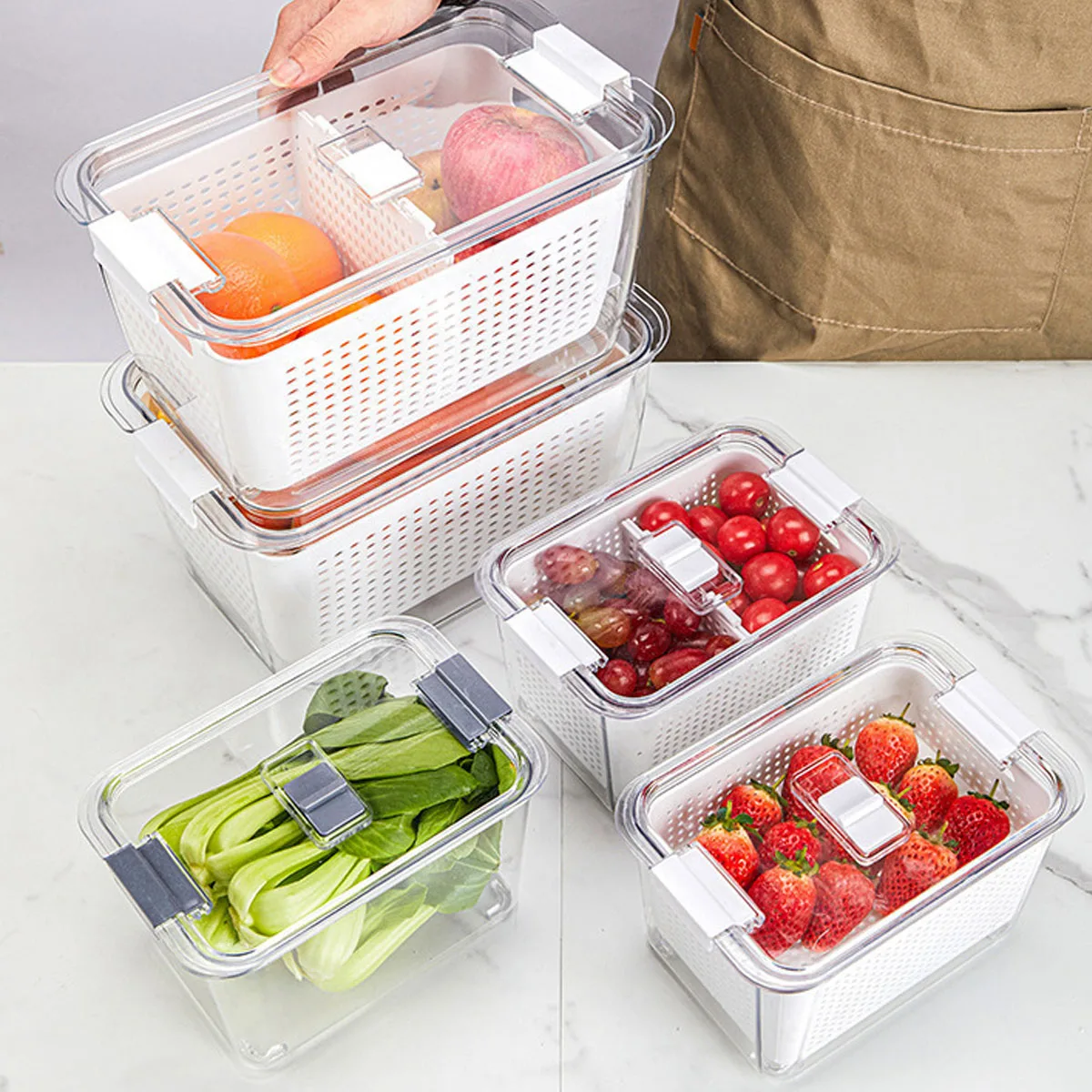 Household boutique Double-layer Drainage Basket, Preservation Box, Drainage Basket, Kitchen Refrigerator, Vegetable Storage Box