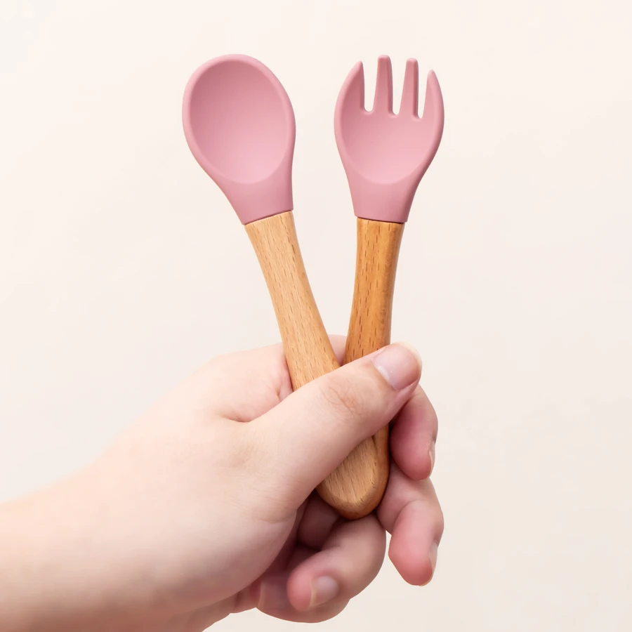 2PCS Baby Learning Spoons Utensils Set Food Grade Wooden Handle Silicone Spoon Fork Cutlery Training Spoon Feeding Tableware