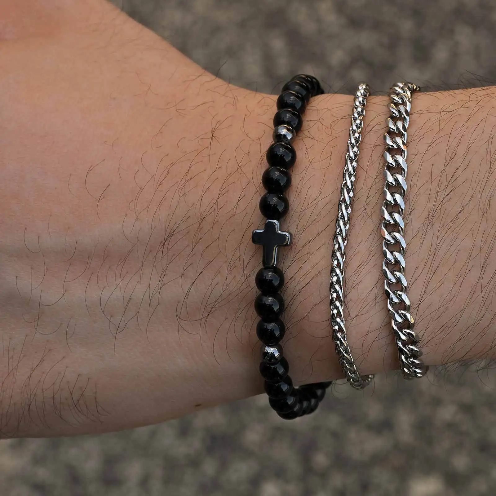 

3pcs/set Men's Cross Bracelet,Waterproof Stainless Steel Cuban Chain Wristband,Gift for Husband Dad BBF Son