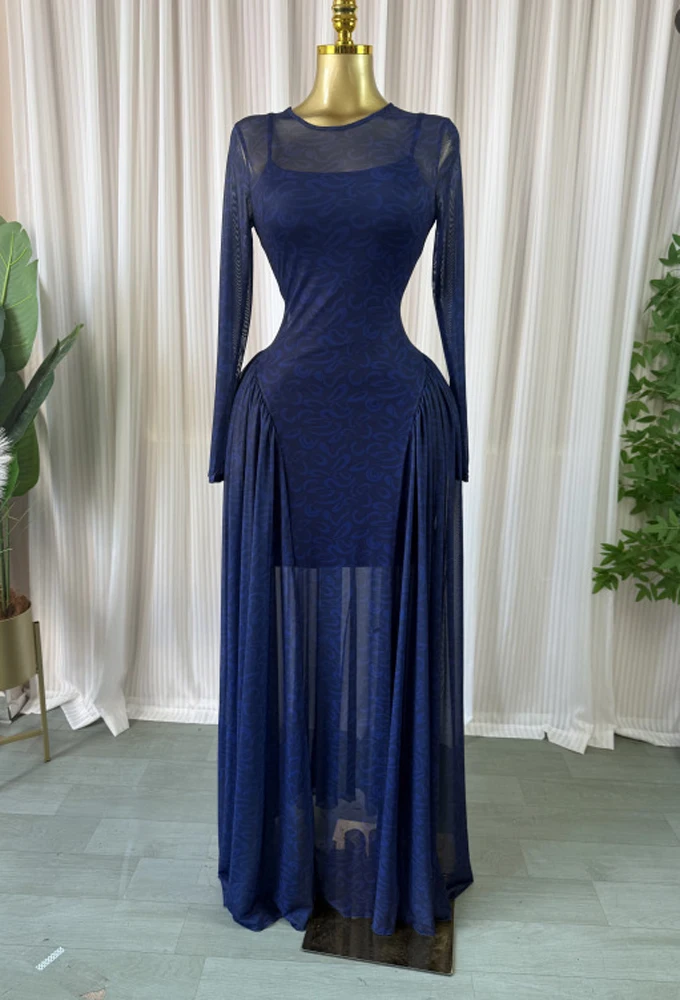 Luxuriöses Damen-Maxikleid mit elegantem Design, Print und Mesh, zweiteiliges Set mit Unterkleid, Urlaubs- und Strandstil, langärmlig – Detail 6