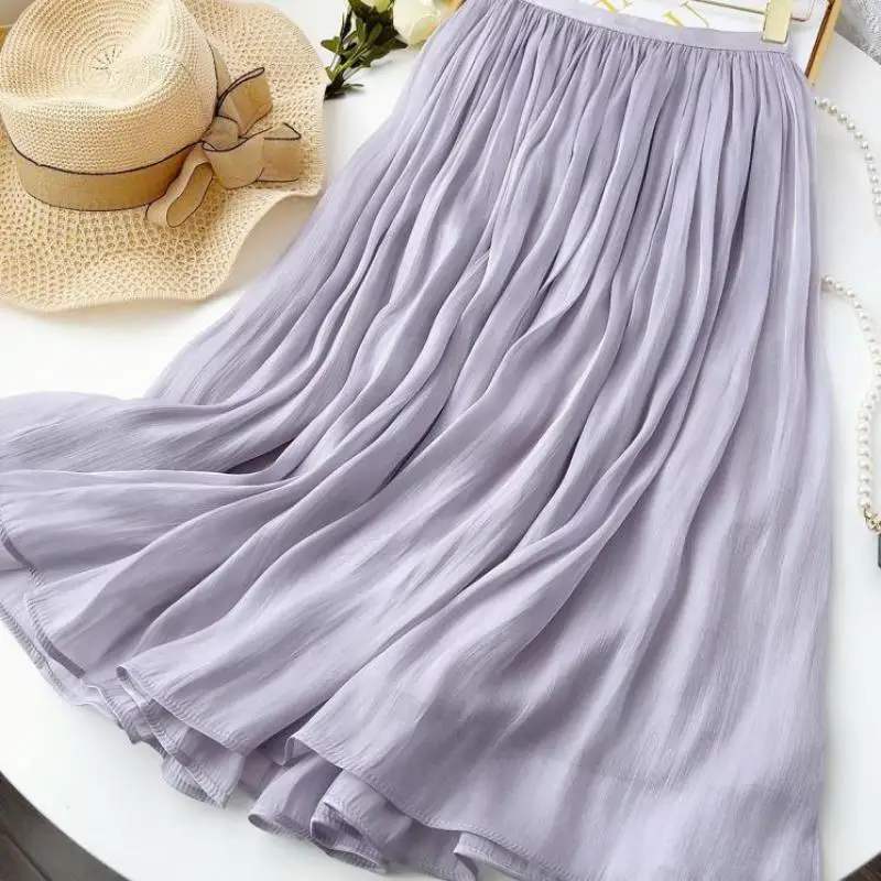Women Red Linen Skirt Summer New Dress Silky Temperament Half Body Skirt Slim Fit Mid Length A-line Drop Flowing Skirt