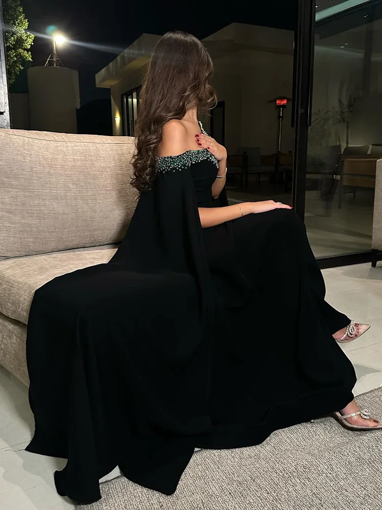 Elegant Gothic Black Women Evening Dresses With Sleeve Wrap 2024 Off Shoulder Beaded Formal Special Occasion Dress Party Gown