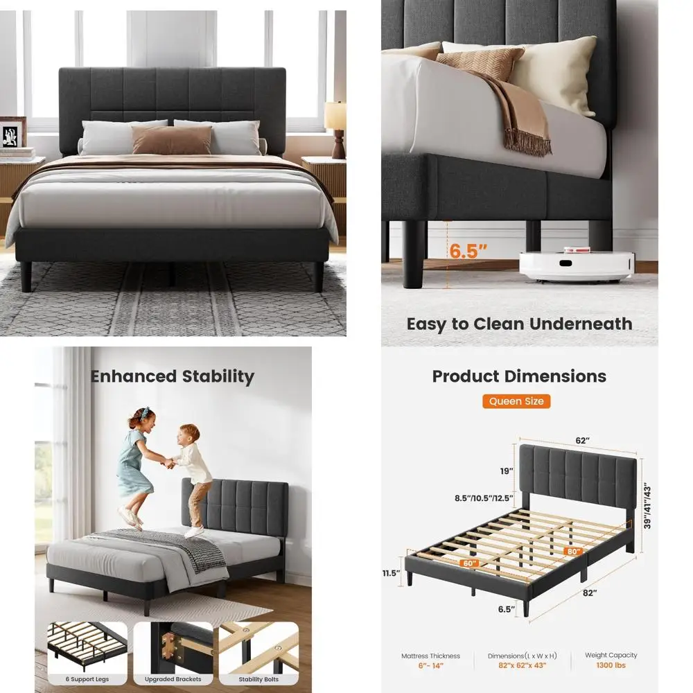 

Plush Queen-Size Bed Frame with Enhanced Leg Support and Padded Headboard, Capable of Supporting Up to 1300 lbs, Featuring Adjus