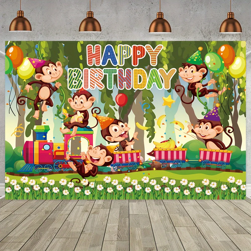 Monkey Birthday Train Tapestry Happy Birthday Banner Kids Party Backdrop Jungle Animals Balloons Celebration Decor Flat 2D Print